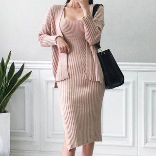 Set: Side Slit Sleeveless Knit Dress + Open Front Knit Jacket