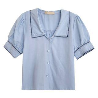Puff-sleeve Contrast Trim Shirt Blue - One Size