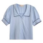 Puff-sleeve Contrast Trim Shirt Blue - One Size