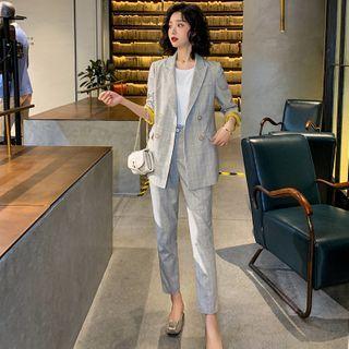 Set: Double Breasted Plaid Blazer + Straight-fit Dress Pants