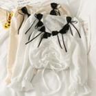 V-neck Two Tone Pleated Bow Drawstring Cropped Top