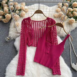 Set Of 2 : Long-sleeve Pointelle-knit Cardigan + Suspender Square-neck Plain Top