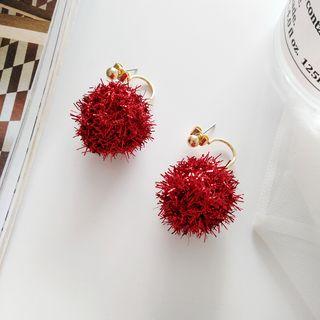 Pom Pom Drop Earring Stud Earring - 1 Pair - Red - One Size