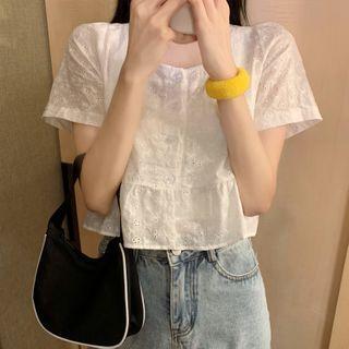 Square Neck Short Sleeve Eyelet Lace Cropped Top