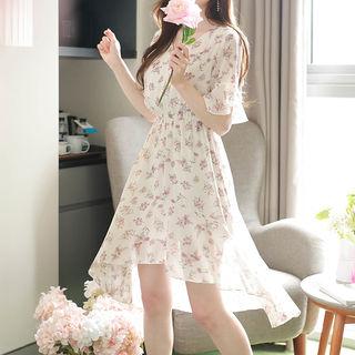 Dip-back Ruffle-trim Floral Dress