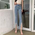 Fringe Trim Cropped Boot-cut Jeans