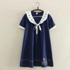Bear Embroidered Collared Short Sleeve Dress