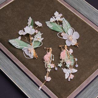 Wedding Set: Flower Hair Clip + Dangle Earring As Shown In Figure - One Size