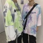 3/4-sleeve Embroidered Letter Tie Dye T-shirt