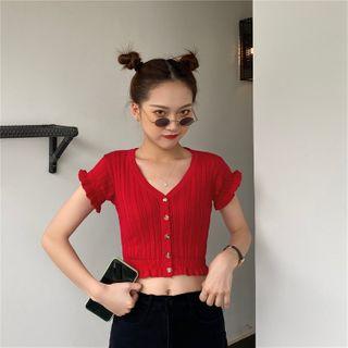 V-neck Frilled Trim Knit Top