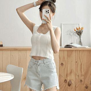 Sleeveless Button-trim Waffle-knit Top