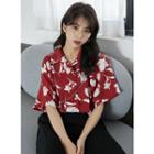 Flower Print Short-sleeve Blouse Red - One Size