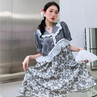 Puff-sleeve Ruffled Floral Panel Mini A-line Dress