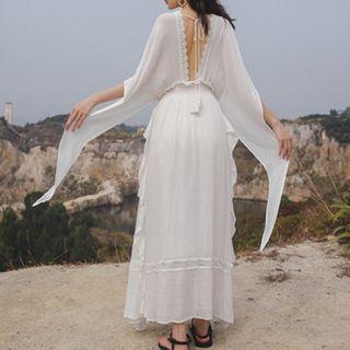Short-sleeve Lace Trim Open-back Ruffled Maxi A-line Dress