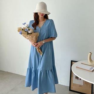 Balloon-sleeve Shirred Chambray Long Dress