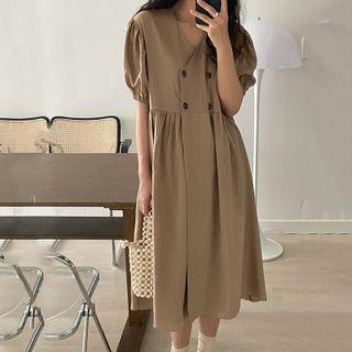 Puff-sleeve Double-breasted A-line Dress Khaki - One Size