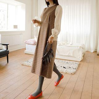 Puff-sleeve Frilled Checked Midi Dress