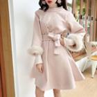Furry Trim Long-sleeve A-line Dress Pink - One Size