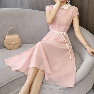 Cap-sleeve Contrast Collar A-line Dress
