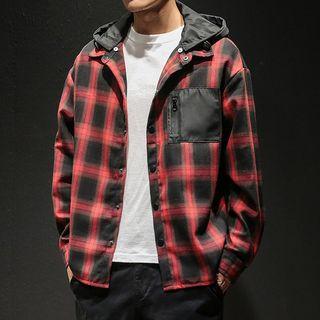 Buttoned Plaid Hooded Jacket