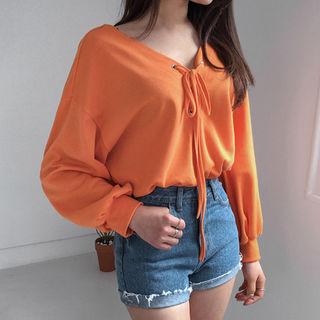 Lace-up Front Balloon-sleeve Top