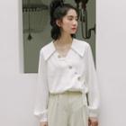 Asymmetric Tie-front Long-sleeve Blouse Off-white - One Size