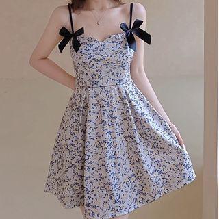 Spaghetti Strap Bow Floral Mini A-line Dress Blue Floral - White - One Size