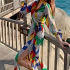 Long-sleeve Print Cutout Midi Dress