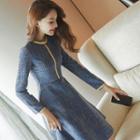 Long-sleeve Contrast-trim A-line Tweed Dress