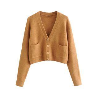 Plain Pocket Cropped Cardigan