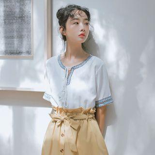 Elbow-sleeve Patterned Cuff Top White - One Size