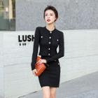 Set: Argyle Stitched Jacket + A-line Skirt Black - One Size