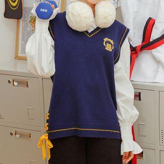 Bow-detail Contrast-trim V-neck Knit Vest