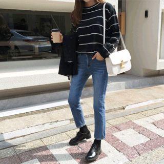 Loose-fit Stripe Rib-knit Top Black - One Size