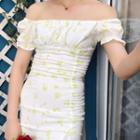 Floral Off-shoulder Puff-sleeve Slim-fit Dress