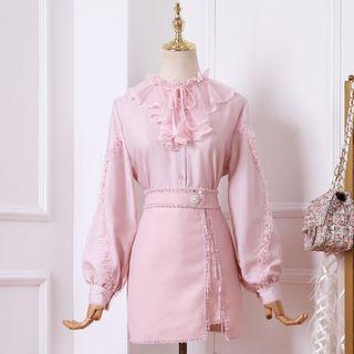 Set: Lantern-sleeve Blouse + Mini Sheath Skirt