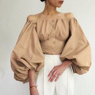 Puff Sleeve Off-shoulder Button-up Blouse