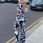 Set: Long-sleeve Patterned Cropped T-shirt + Boot-cut Pants