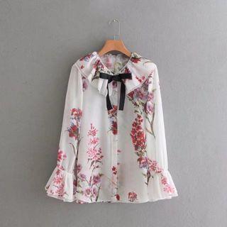 Long-sleeved Floral Print Frill Blouse