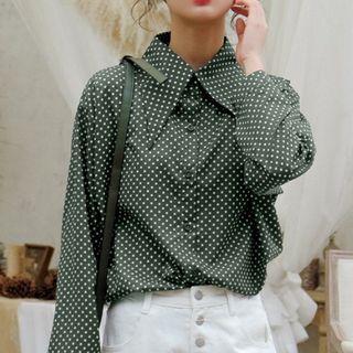 Dotted Chiffon Blouse / Crew-neck Knit Vest / Set