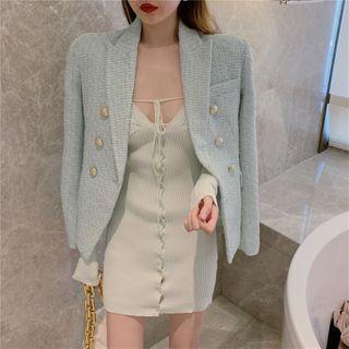 Double-breasted Jacket / V-neck Ribbed Knit Mini Sheath Dress