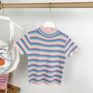 Short-sleeve Striped Ribbed Knit Top As Shown In Figure - One Size