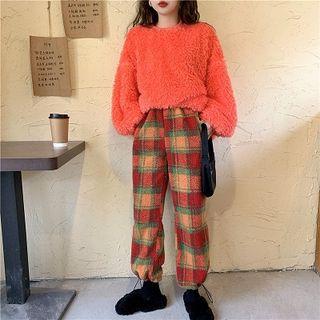 Plain Crewneck Loose-fit Long-sleeve Faux Shearling Sweater / Plaid High-waist Loose-fit Pants