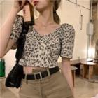 Short-sleeve V-neck Leopard Cropped Top As Figure - One Size
