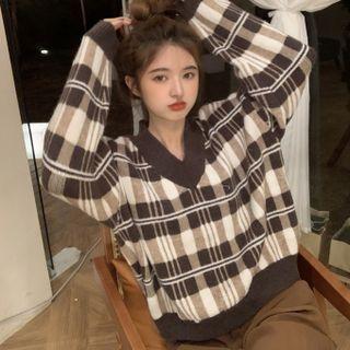 V-neck Lattice Knit Sweater Plaid - Coffee - One Size