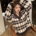 V-neck Lattice Knit Sweater Plaid - Coffee - One Size