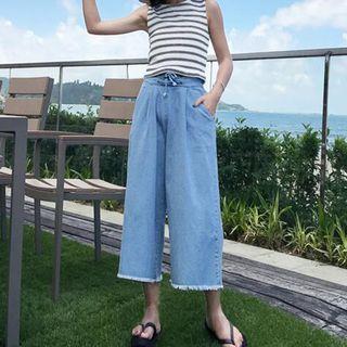 Loose-fit Fringed Denim Cropped Wide-leg Pants