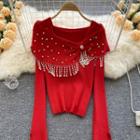 Square-neck Faux Pearl Bow Slit Long-sleeve Knit Top