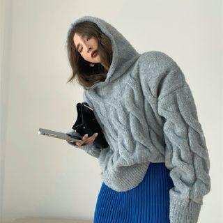 Hooded Cable Knit Sweater / Slit Maxi Pencil Skirt