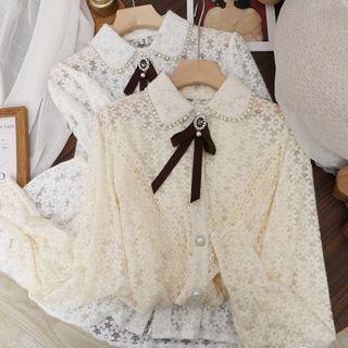 Bow-neck Beaded Lace Blouse